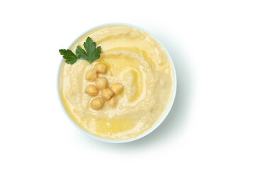 Bowl of fresh hummus isolated on white background