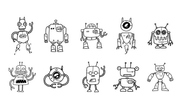 funny futuristic robots cartoon set isolated on white background. cute colorless robot illustration hand drawn in vector design.