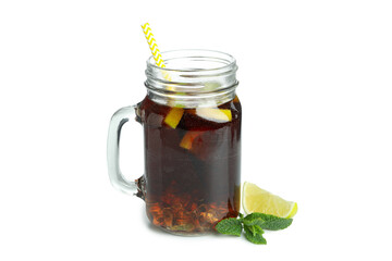 Glass jar of Cuba Libre isolated on white background