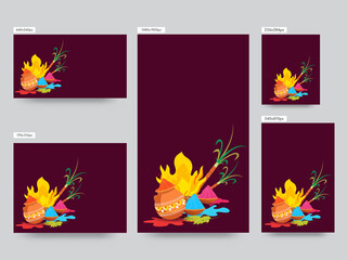 Social Media Template Or Poster Collection With Holi Festival Elements On Dark Pink Background.