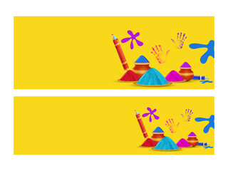 Fototapeta na wymiar Yellow Website Header Or Banner Set With Powder (Gulal) In Plate, Clay Pots, Water Gun And Given Space For Message.