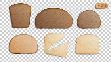 Set of rye and wheat slices of bread. Realistic isolated on transparent background vector illustration