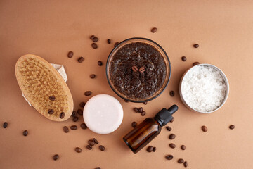 Homemade cosmetics with coffee scrub and oil. Set of home SPA cosmetic products. Dry Brush, Coffee Scrub, Organic Oil. Anti-cellulite homemade cosmetic for peeling and spa care
