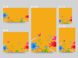Social Media Template Post Collection With Top View Color Bowls, Water Guns, Indian Sweet (Gujia) On Yellow Background.