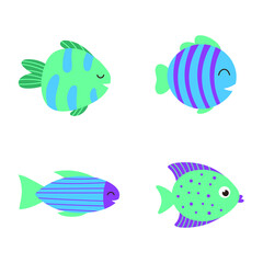 Isolated cute sea fish. Set of freshwater aquarium cartoon fish for print, children development. Varieties of decorative colored fish, flat geometric fish design