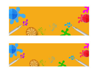 Website Header Or Banner Design With Top View Of Color Bowls, Water Guns, Indian Sweet (Gujia) On Yellow Background.
