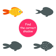 Isolated cute sea fish. Set of freshwater aquarium cartoon fish for printing, children development, find the correct shadow. Varieties of decorative colored fish