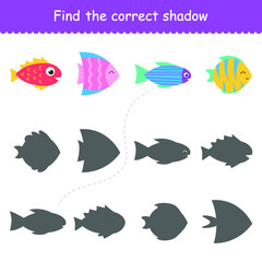 Isolated cute sea fish. Set of freshwater aquarium cartoon fish for printing, children development, find the correct shadow. Varieties of decorative colored fish