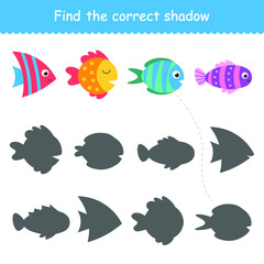 Isolated cute sea fish. Set of freshwater aquarium cartoon fish for printing, children development, find the correct shadow. Varieties of decorative colored fish