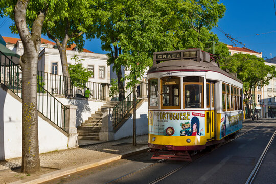 Lisbon, Portugal - june 05, 2018 : sign and advertising for a musical comedy on a tramway 