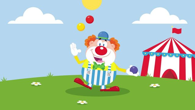 Funny Clown Cartoon Character With Balloons And Birthday Cake. 4K Animation Video Motion Graphics With Landscape Background 