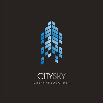 City skyline blue commercial building logo design idea. Real estate business symbol. Skyscraper made from dots  vector icon.