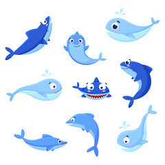 Set of cute, marine, cartoon animals. Underwater animals. Whale, shark, dolphin. Undersea world. Cartoon vector illustration isolated on white. Flat style. Printing, fabric. textiles, development