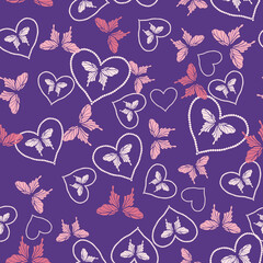 Butterflies and hearts seamless vector pattern. Sweet surface print design for love themed farbcis, wedding stationery, anniversary gift wrap, valentines day cards, backgrounds, and packaging.