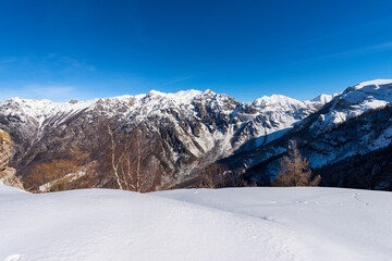 Fototapeta na wymiar Snow capped mountains in winter of the Monte Carega, called the small Dolomites seen from the Altopiano della Lessinia (Lessinia High Plateau). Veneto and Trentino Alto Adige, Italy, Europe.