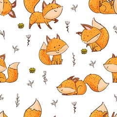 Seamless pattern with cute cartoon fox. Funny fox. Hand drawn characters and flowers. Vector illustration.