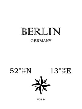  Berlin, Germany - inscription with the name of the city, country and the geographical coordinates of the city. Compass icon. Black and white concept, for a poster, background, card, textiles