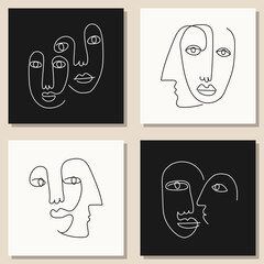 Set of hand drawn abstract faces in line art style, seamless pattern background, modern minimalism art, aesthetic contour