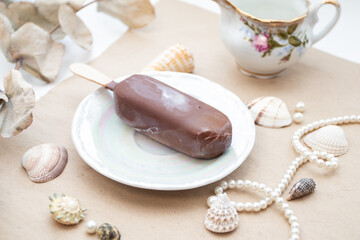 Chocolate ice cream on a vintage plate