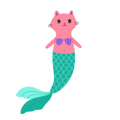 Cute little cat mermaid, magic kitty princess character, hand drawn pretty purrmaid with green tail in flat cartoon style, underwater concept, modern trendy illustration isolated on white background