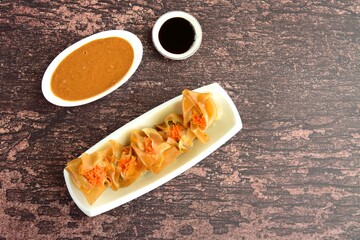 Siomay, Indonesian Food, steamed dumplings with peanut sauce and thick soy sauce or kecap manis