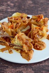 Siomay, Indonesian Food, steamed dumplings with peanut sauce and thick soy sauce or kecap manis