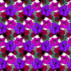 Seamless pattern with red, purple, violet Petunia flowers and green leaves on grey background. Endless colorful floral texture. Raster illustration.
