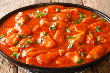 Tomato garlic chicken close-up in a frying pan on the table. horizontal