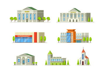 Municipal buildings set. Buildings bank, museum, supermarket, police, post office, spa center, church cartoon vector