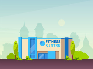 Municipal Gym buildings. Fitness center modern architecture building, sport house in summer urban landscape of cityscape cartoon vector