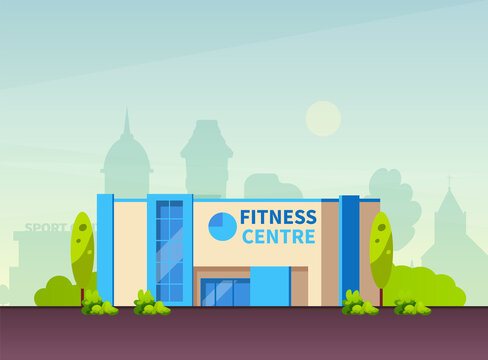 Municipal Gym Buildings. Fitness Center Modern Architecture Building, Sport House In Summer Urban Landscape Of Cityscape Cartoon Vector