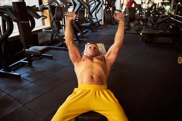 Naklejka premium Sports enthusiast lifting dumbbells at the gym