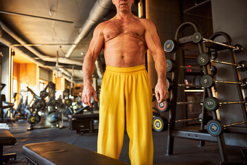 Naklejka premium Sporty shirtless gentleman posing amid the gym equipment