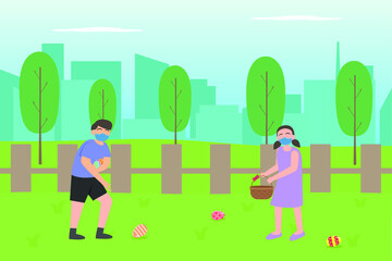 Easter day vector concept: Young couple  hunting easter egg together while wearing face mask
