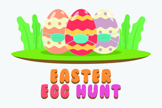 Easter Day Vector Concept: Colorful Egg Wearing Face Mask With Easter Egg Hunt Text 