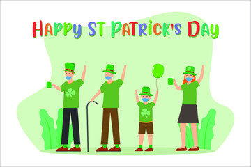 St patrick's day in new normal vector concept: Happy family celebrating st patrick's day together while wearing face mask in new normal