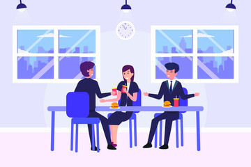 Group of worker eating junk foods while talking together in the office room. Unhealthy foods vector concept