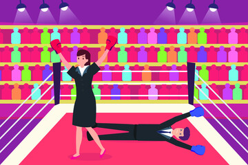 Happy success businesswoman beat businessman on the boxing ring. Business competition vector concept