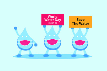 Water day vector concept: Water drop showing world water day text while wearing face mask