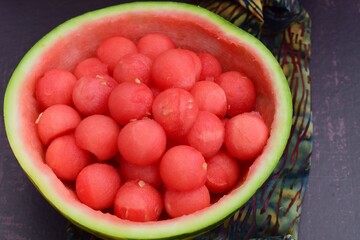 Watermelon balls in a watermelon skin bowl