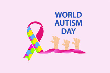 Autism vector concept: World autism day text with ribbon puzzle and hands 