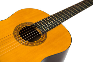 Acoustic guitar isolated on white, close up.