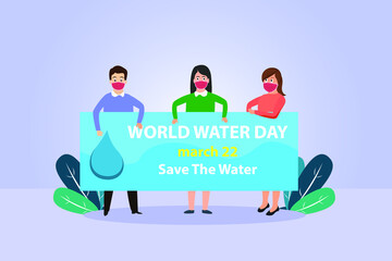Water day vector concept: Group of young people showing world water day text while wearing face mask in new normal