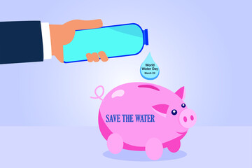 Water day vector concept: Hand of man pouring water drop to piggy bank from the bottle 