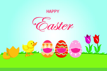 Easter day vector concept: Happy easter text with colorful easter eggs wearing face mask