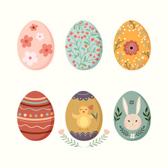 Easter eggs collection decorated with seasonal design, flowers, rabbit, chicken, isolated on white