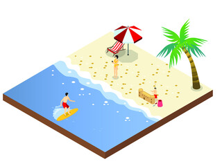 Happy family enjoying vacation on the beach while surfing, playing sand, and taking picture. Isometric vector concept