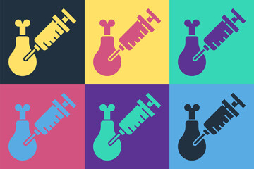 Pop art Gmo research chicken icon isolated on color background. Syringe being injected to chicken. Vector.
