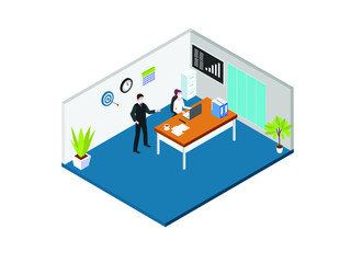 Businessman in face mask talking with female worker while working with laptop on desk in the office. Business isometric vector concept