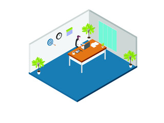 Businesswoman working in the office while wearing face mask and using laptop computer on the table. Business isometric vector concept